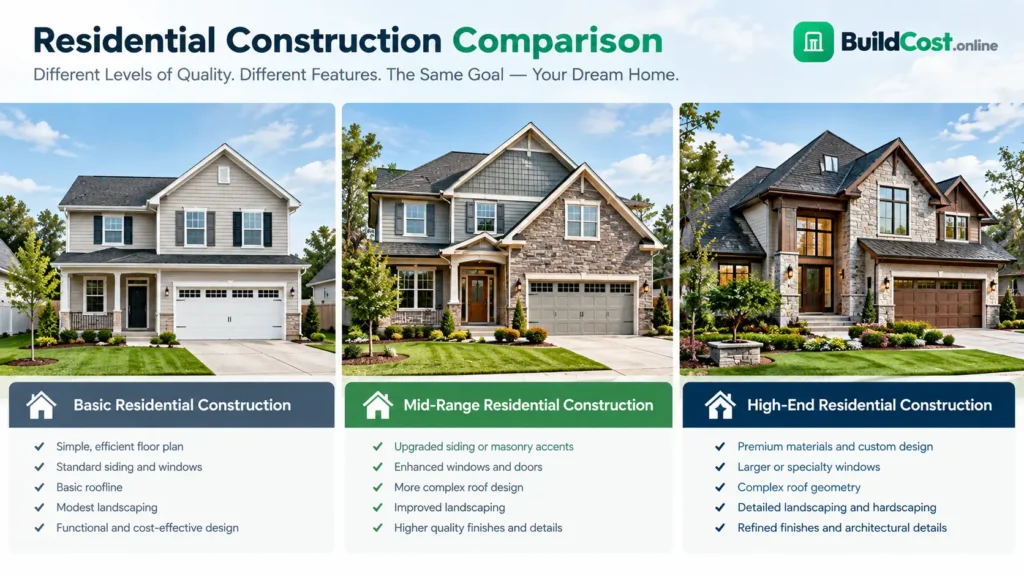 Comparison of basic mid-range and high-end residential construction