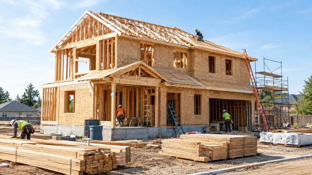 Modern American house under construction representing 2026 house construction cost