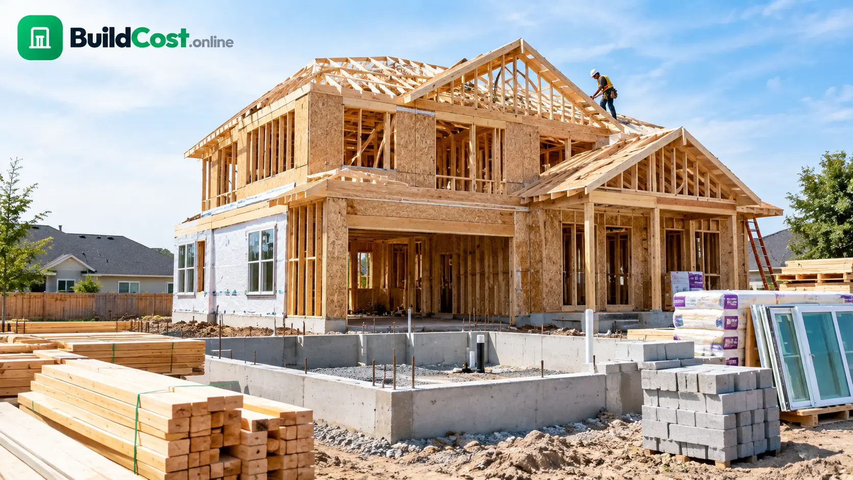 American residential house construction site showing foundation and framing