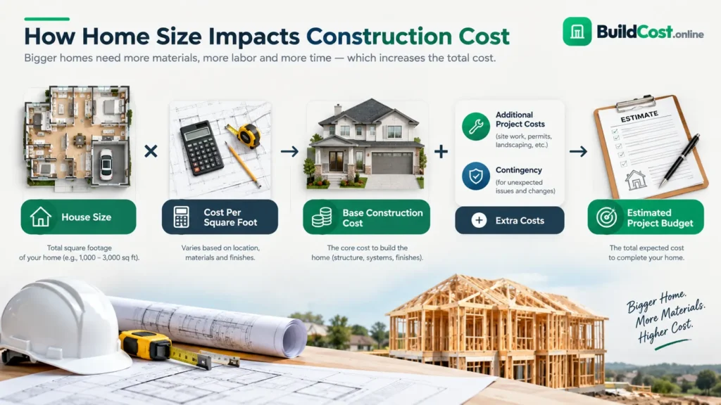 House size multiplied by construction cost per square foot infographic