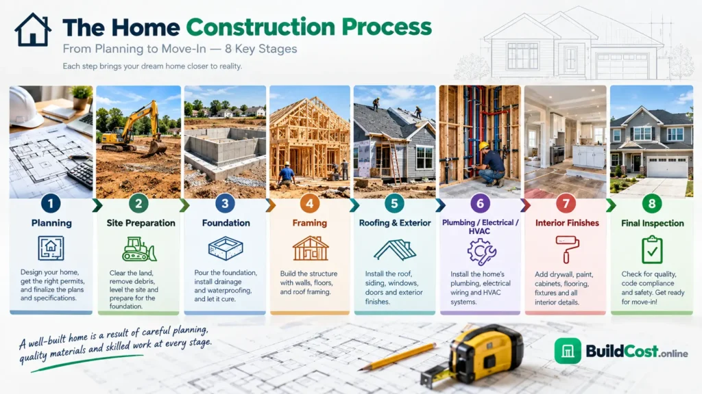House construction process from planning and foundation through final inspection