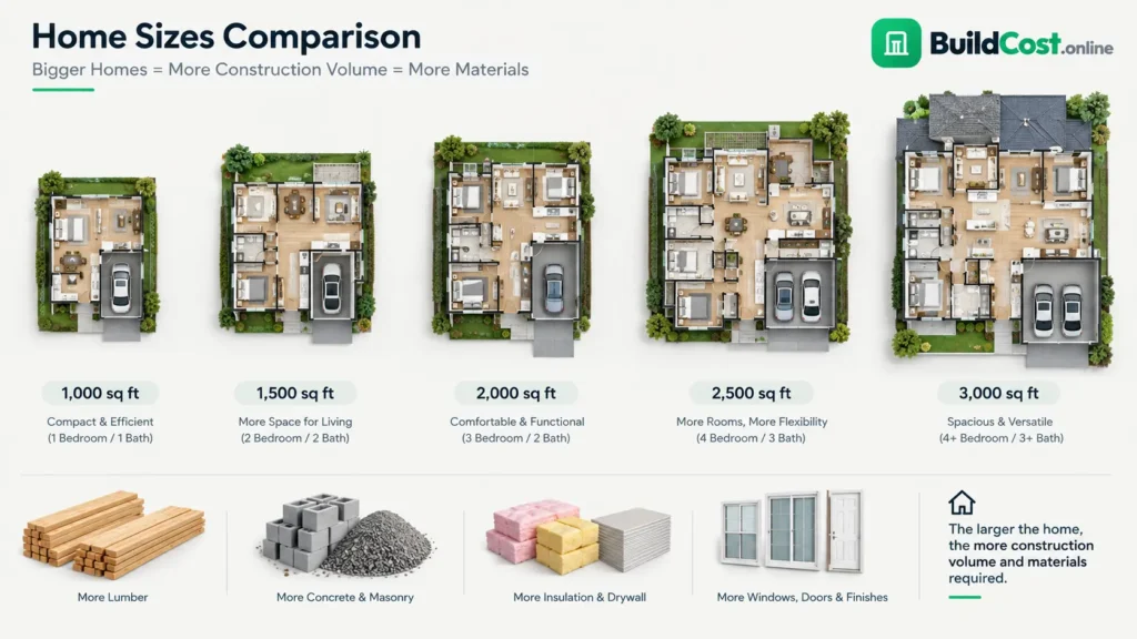 Comparison of residential house sizes from 1,000 to 3,000 square feet