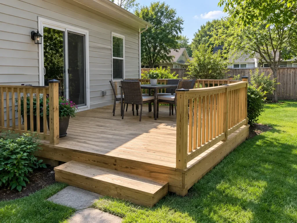 Medium-sized residential wood deck in a suburban U.S. backyard
